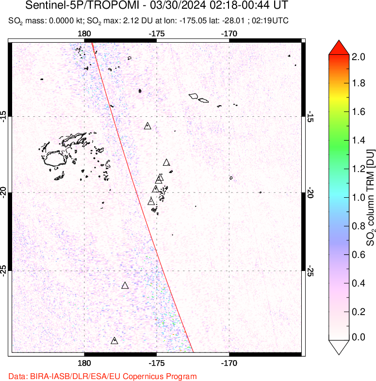 A sulfur dioxide image over Tonga, South Pacific on Mar 30, 2024.