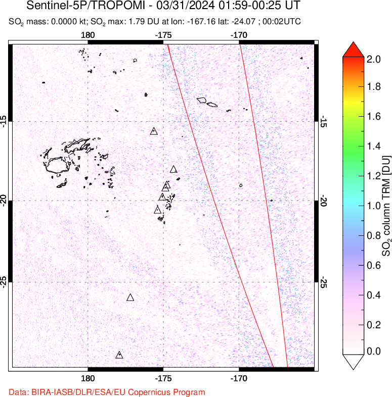 A sulfur dioxide image over Tonga, South Pacific on Mar 31, 2024.