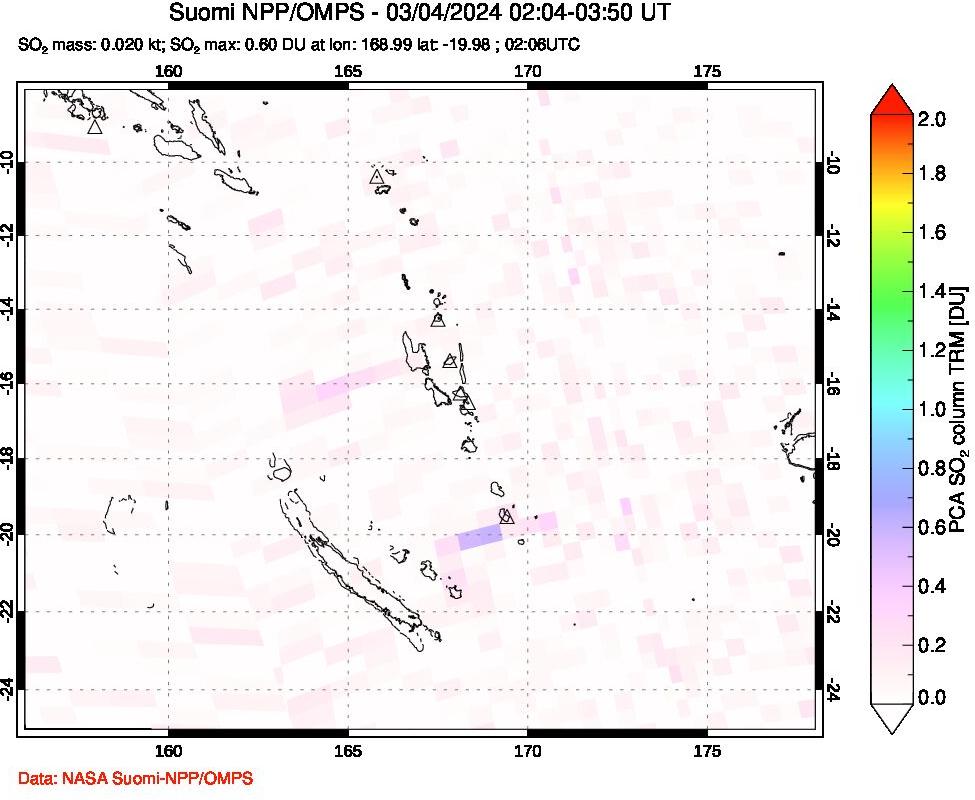 A sulfur dioxide image over Vanuatu, South Pacific on Mar 04, 2024.