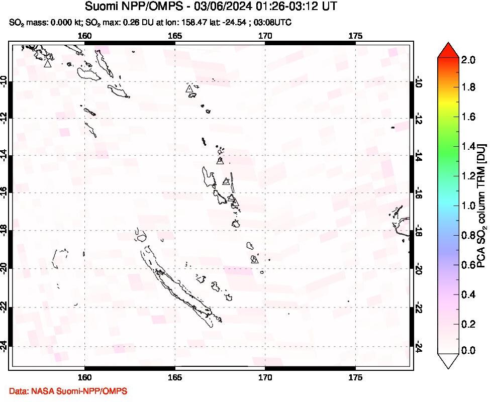 A sulfur dioxide image over Vanuatu, South Pacific on Mar 06, 2024.