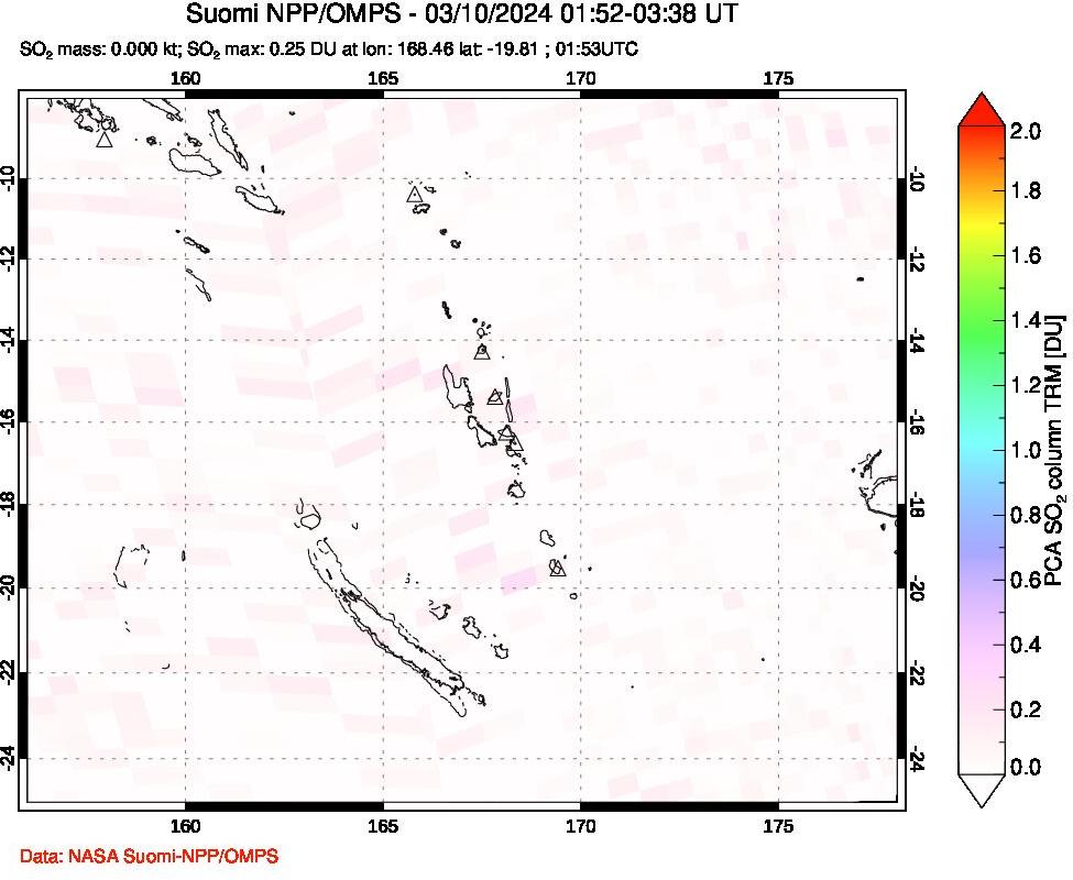 A sulfur dioxide image over Vanuatu, South Pacific on Mar 10, 2024.