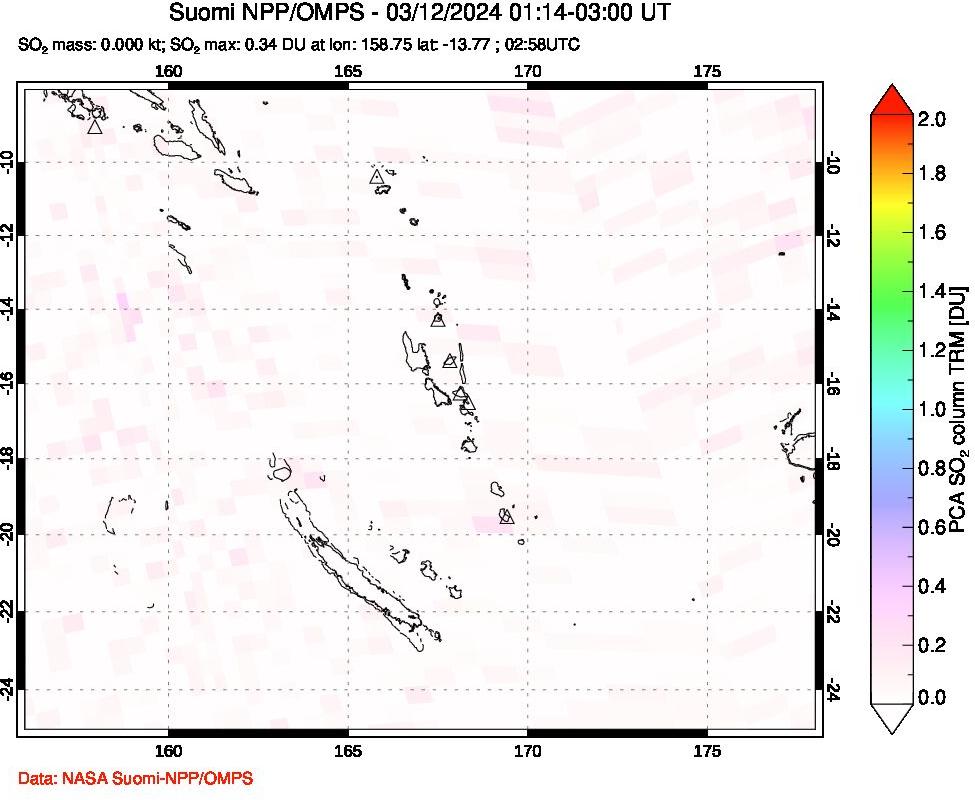 A sulfur dioxide image over Vanuatu, South Pacific on Mar 12, 2024.