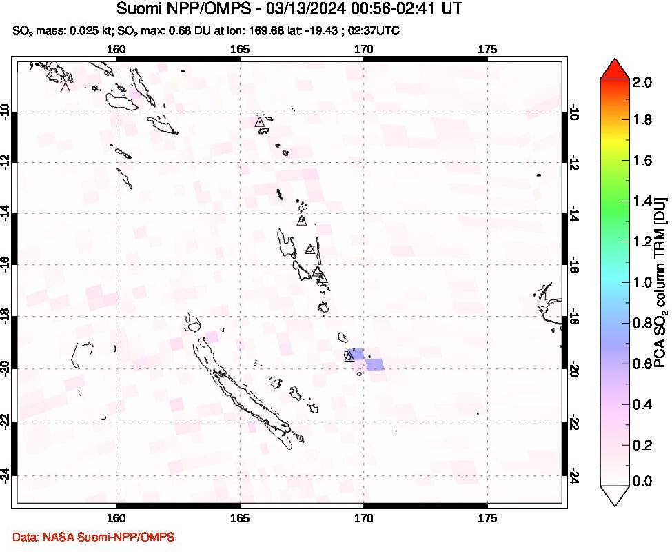 A sulfur dioxide image over Vanuatu, South Pacific on Mar 13, 2024.