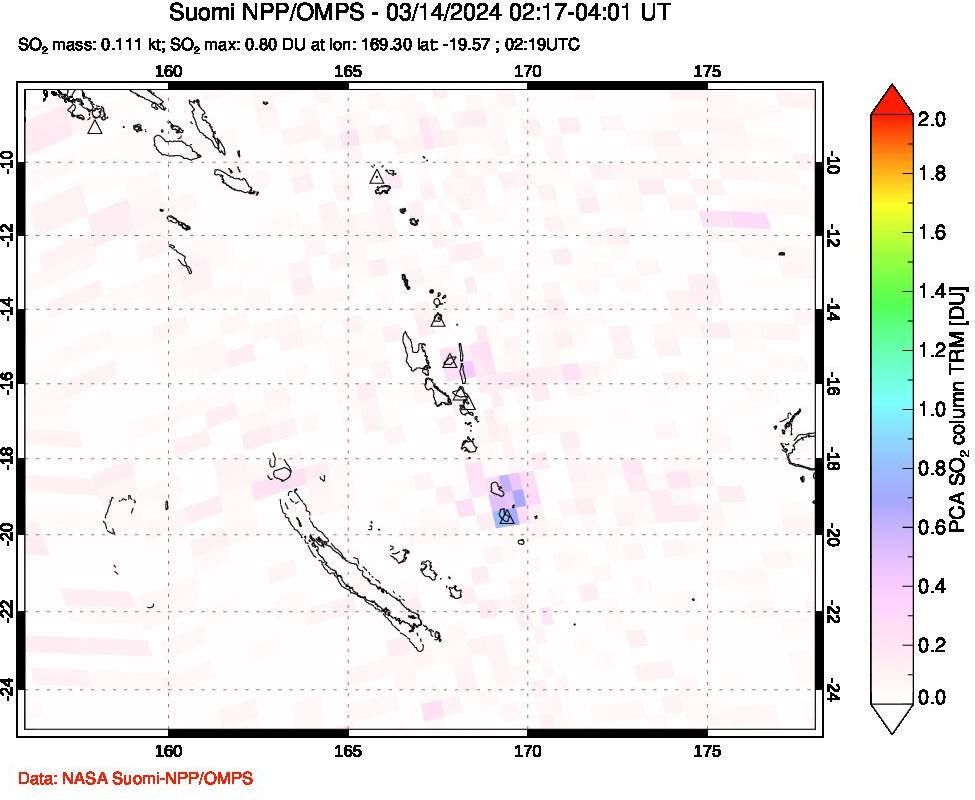 A sulfur dioxide image over Vanuatu, South Pacific on Mar 14, 2024.