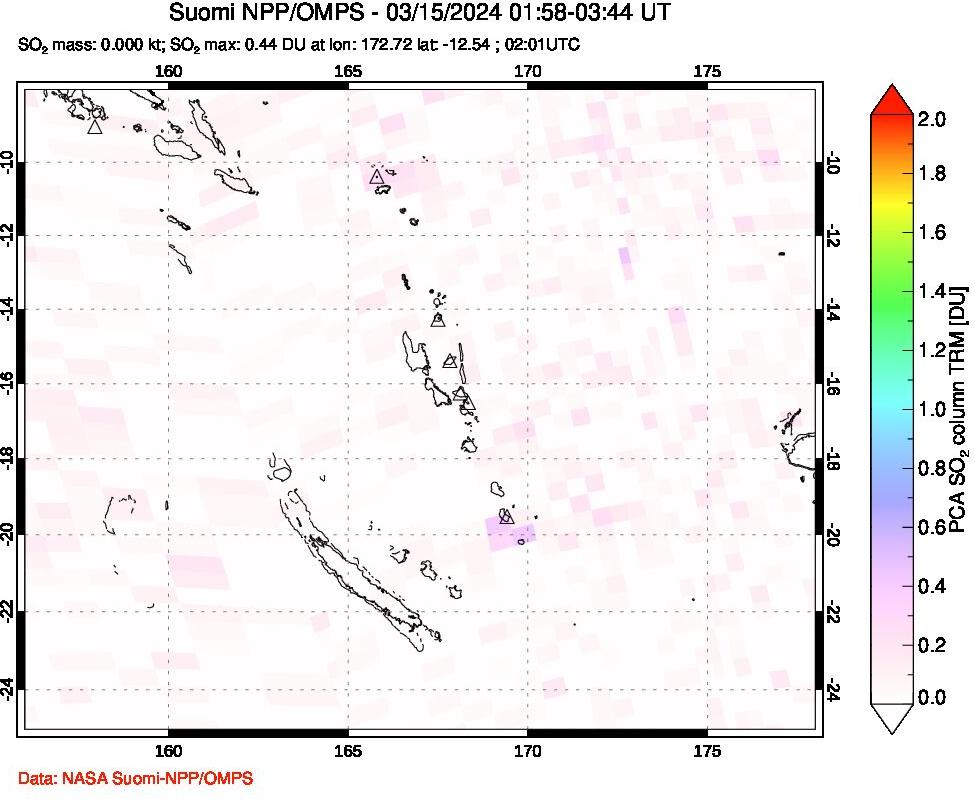 A sulfur dioxide image over Vanuatu, South Pacific on Mar 15, 2024.