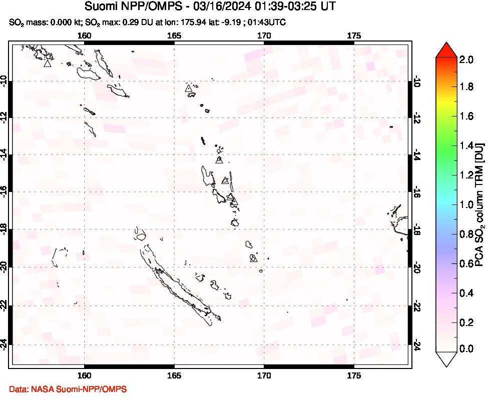 A sulfur dioxide image over Vanuatu, South Pacific on Mar 16, 2024.