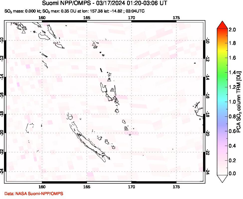 A sulfur dioxide image over Vanuatu, South Pacific on Mar 17, 2024.