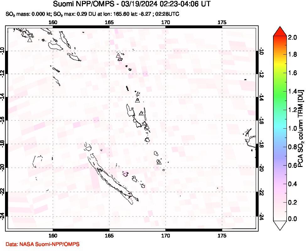 A sulfur dioxide image over Vanuatu, South Pacific on Mar 19, 2024.