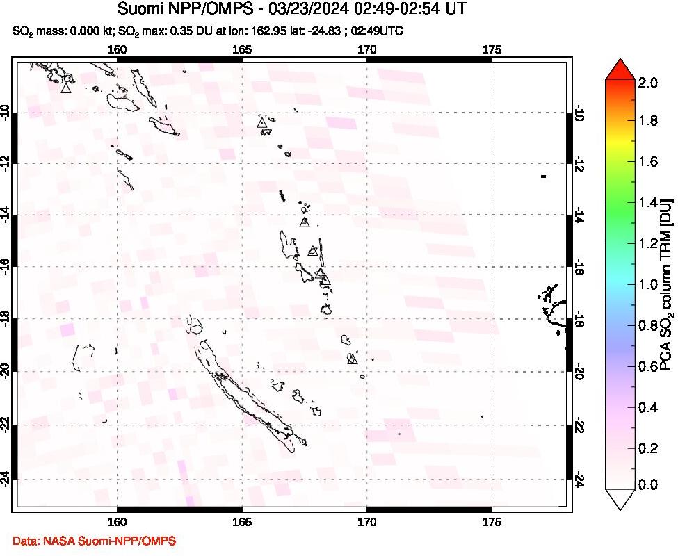 A sulfur dioxide image over Vanuatu, South Pacific on Mar 23, 2024.