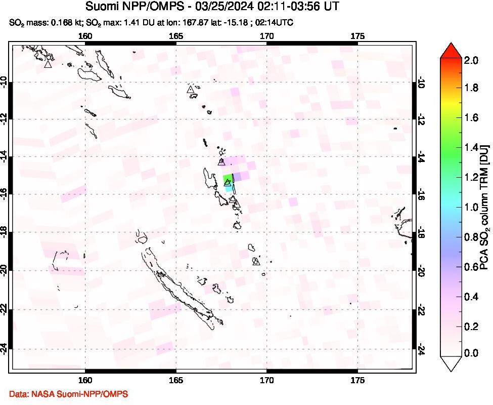 A sulfur dioxide image over Vanuatu, South Pacific on Mar 25, 2024.