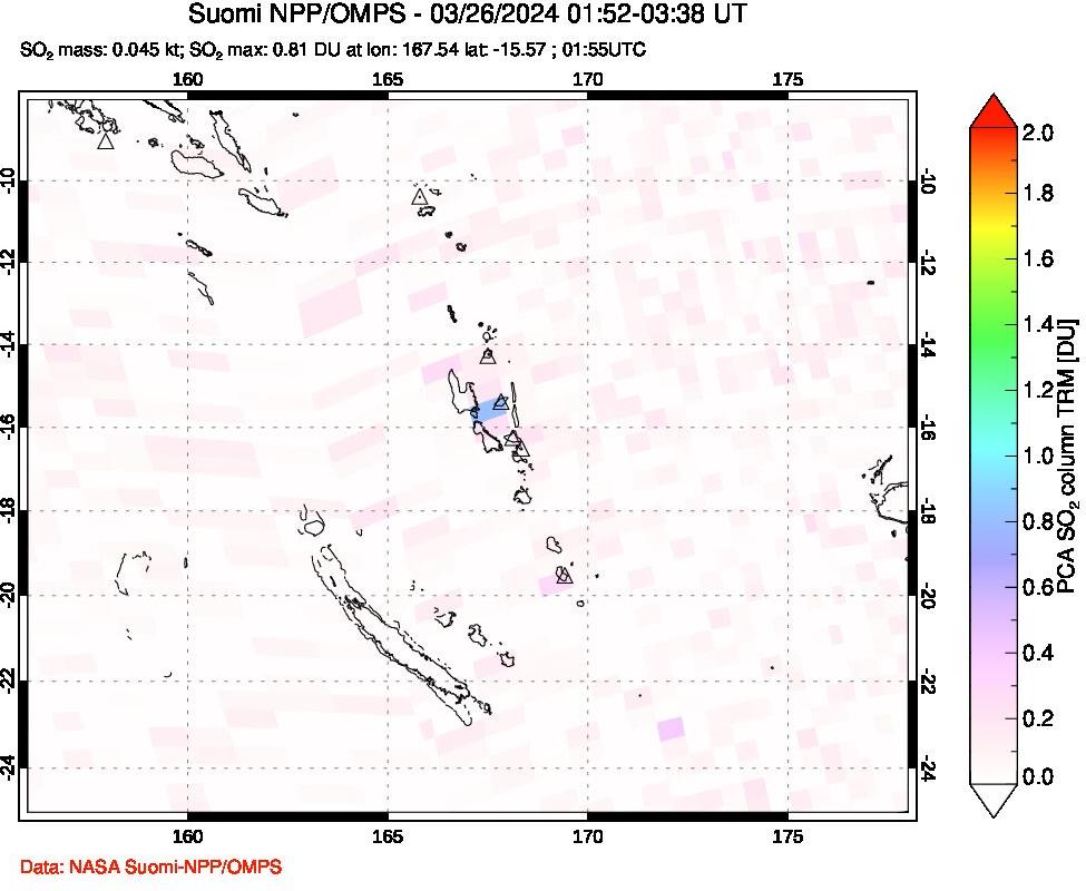 A sulfur dioxide image over Vanuatu, South Pacific on Mar 26, 2024.