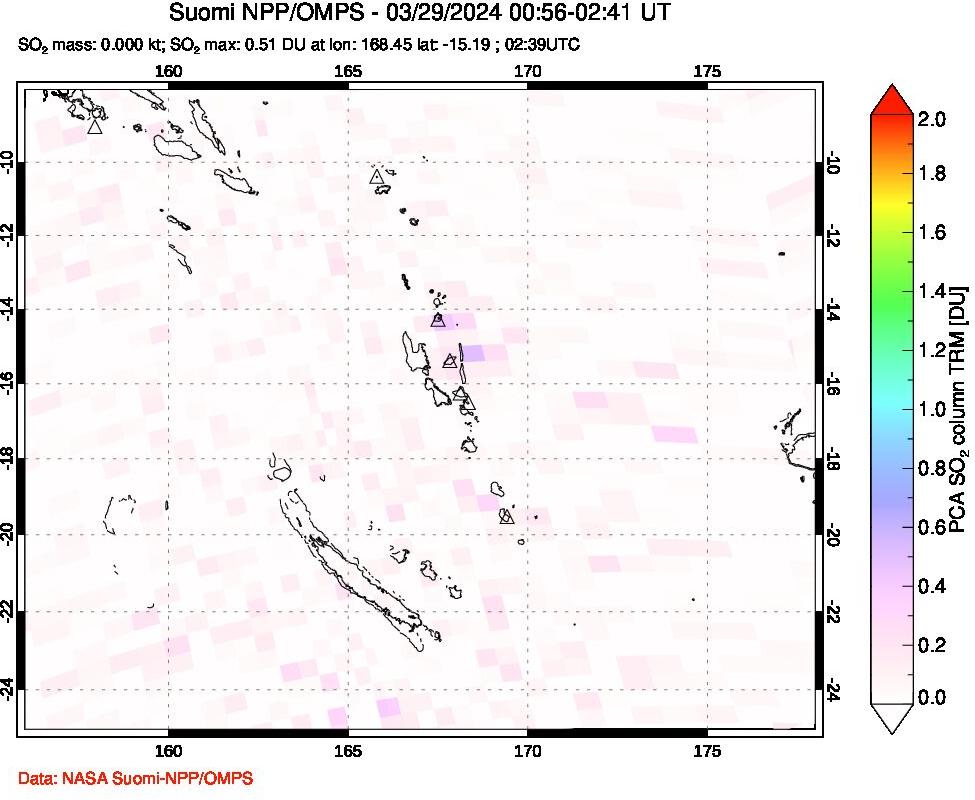 A sulfur dioxide image over Vanuatu, South Pacific on Mar 29, 2024.