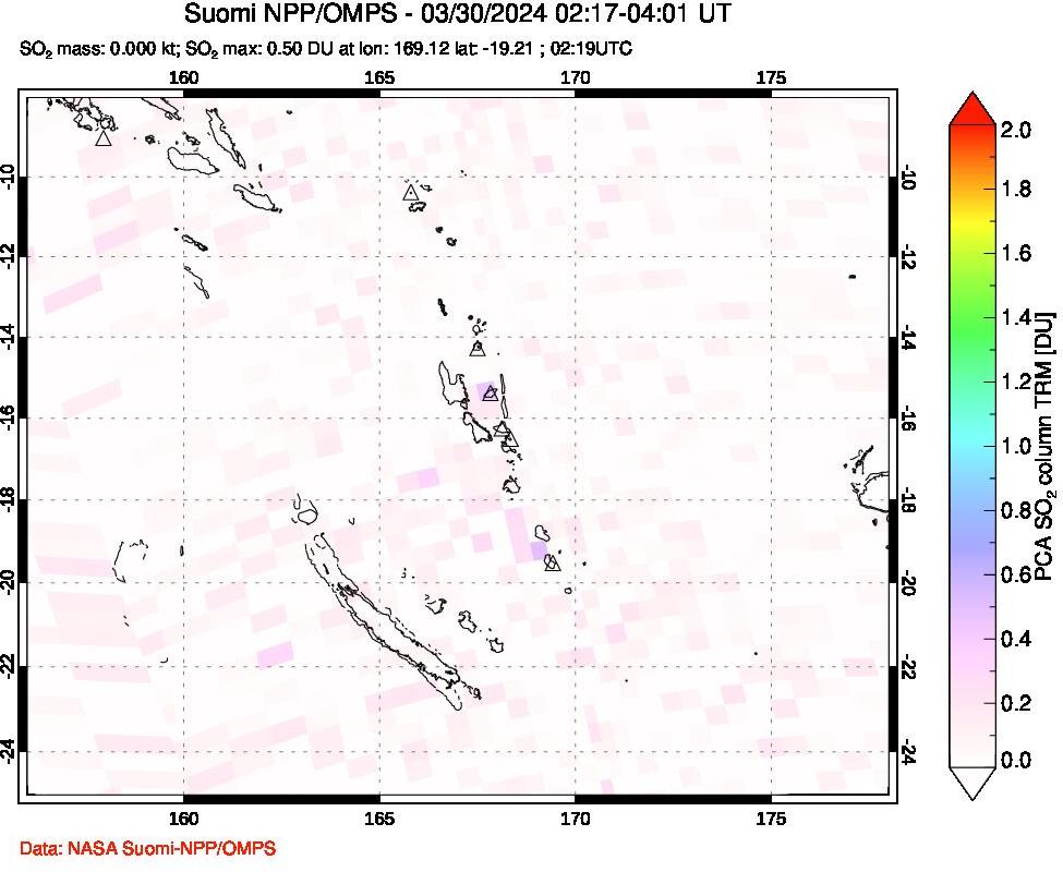 A sulfur dioxide image over Vanuatu, South Pacific on Mar 30, 2024.