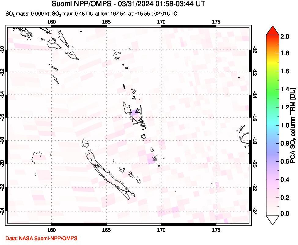 A sulfur dioxide image over Vanuatu, South Pacific on Mar 31, 2024.