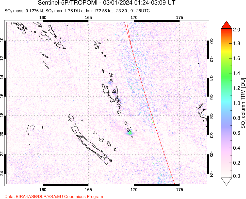 A sulfur dioxide image over Vanuatu, South Pacific on Mar 01, 2024.