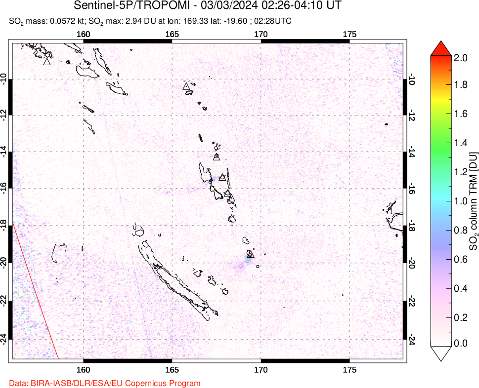 A sulfur dioxide image over Vanuatu, South Pacific on Mar 03, 2024.