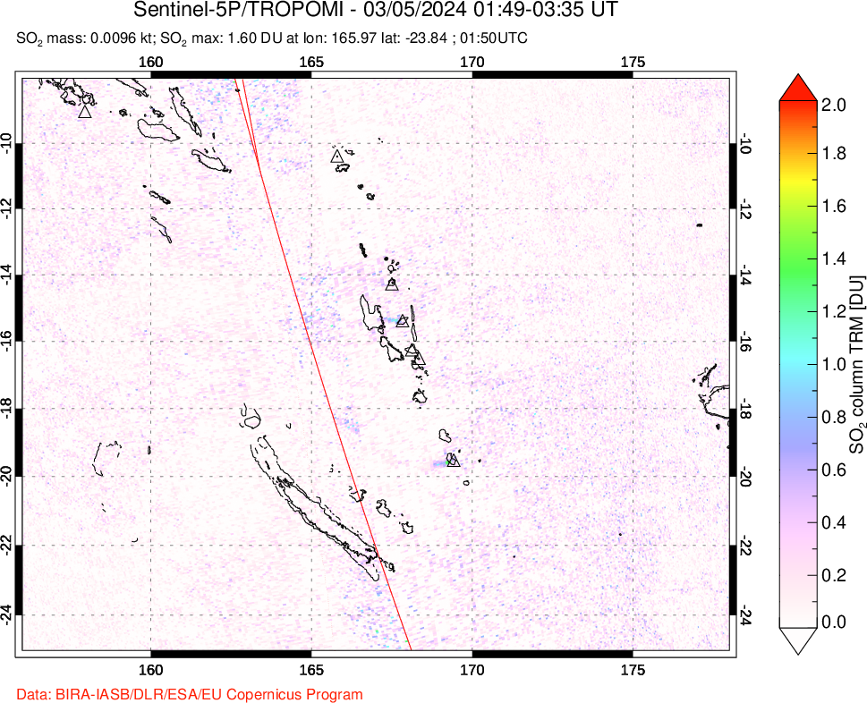 A sulfur dioxide image over Vanuatu, South Pacific on Mar 05, 2024.