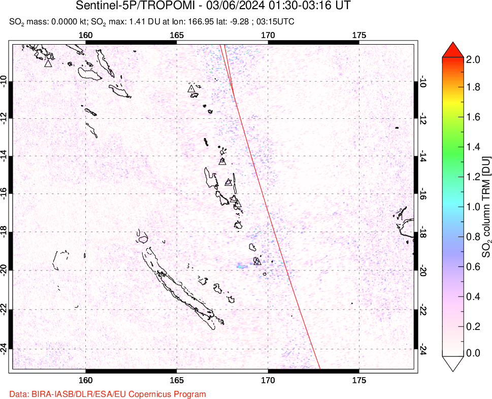 A sulfur dioxide image over Vanuatu, South Pacific on Mar 06, 2024.