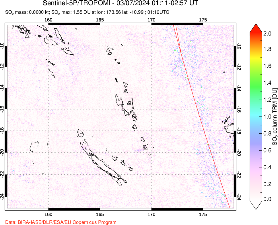 A sulfur dioxide image over Vanuatu, South Pacific on Mar 07, 2024.