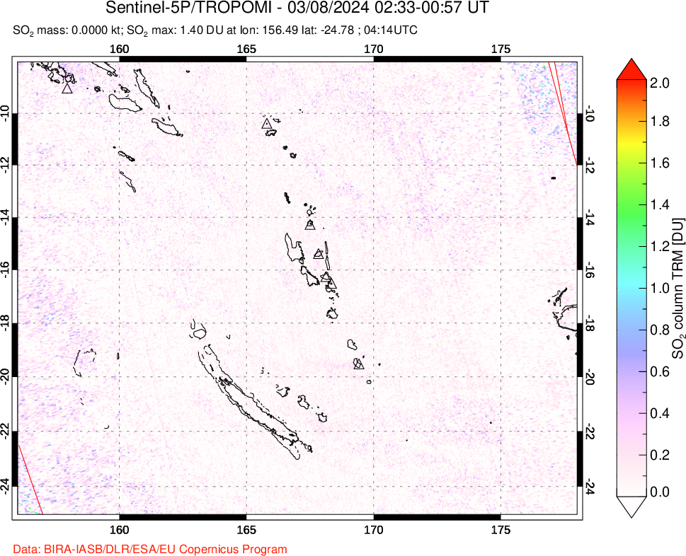 A sulfur dioxide image over Vanuatu, South Pacific on Mar 08, 2024.