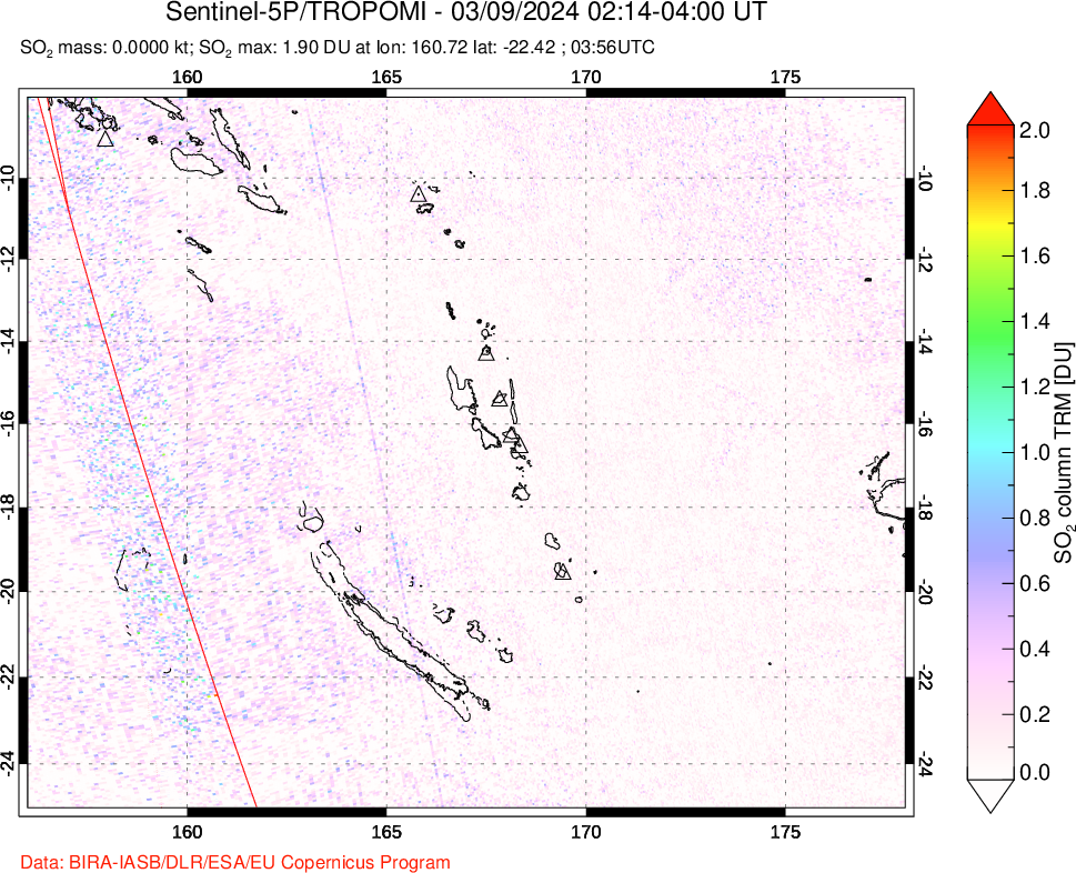 A sulfur dioxide image over Vanuatu, South Pacific on Mar 09, 2024.