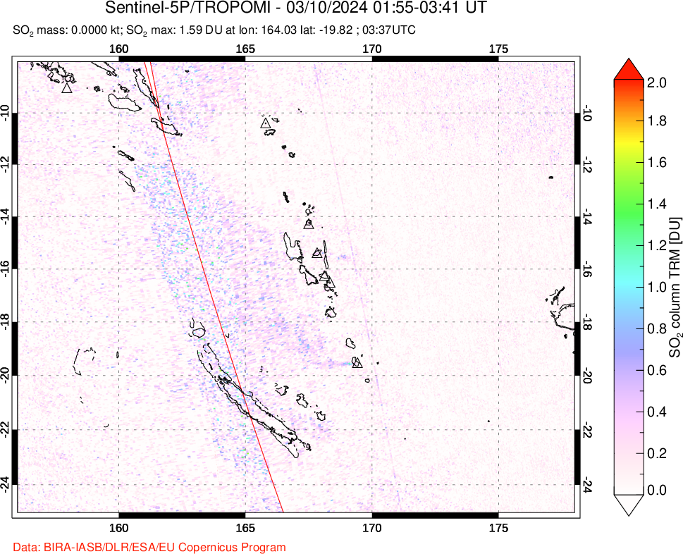 A sulfur dioxide image over Vanuatu, South Pacific on Mar 10, 2024.