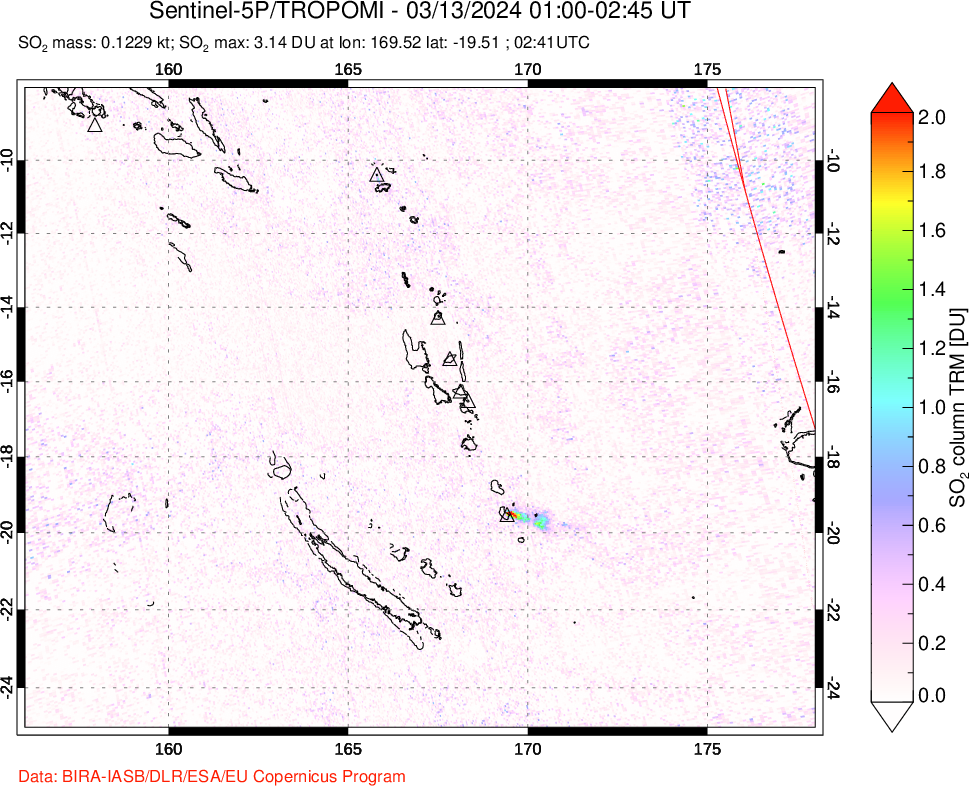 A sulfur dioxide image over Vanuatu, South Pacific on Mar 13, 2024.