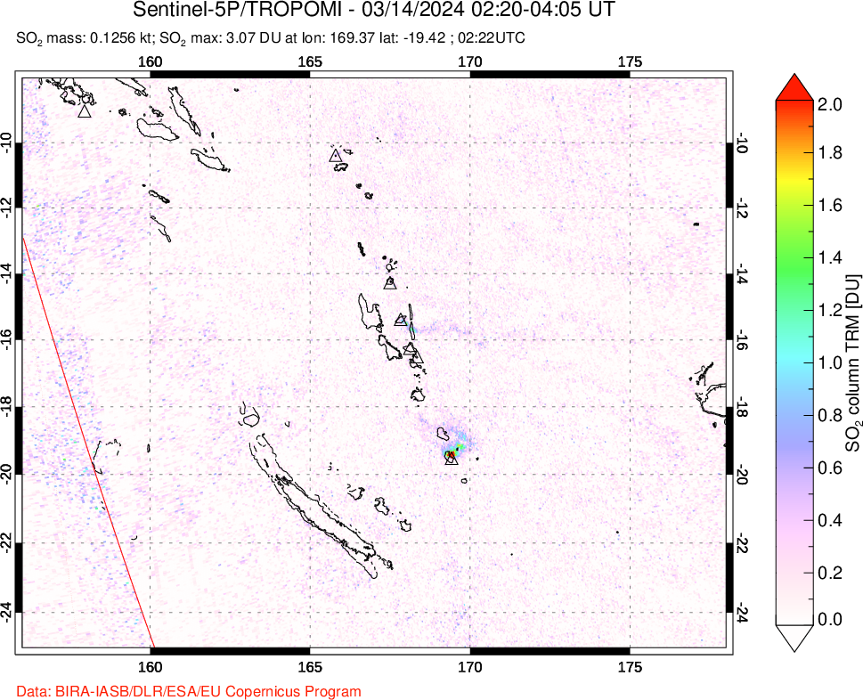 A sulfur dioxide image over Vanuatu, South Pacific on Mar 14, 2024.