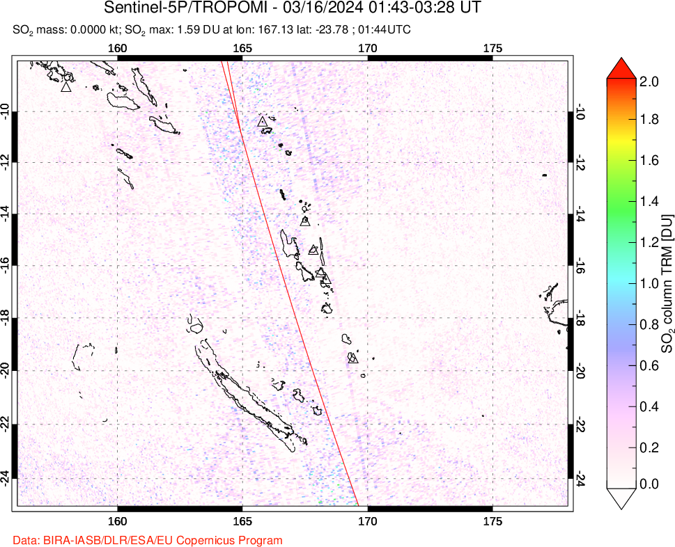 A sulfur dioxide image over Vanuatu, South Pacific on Mar 16, 2024.