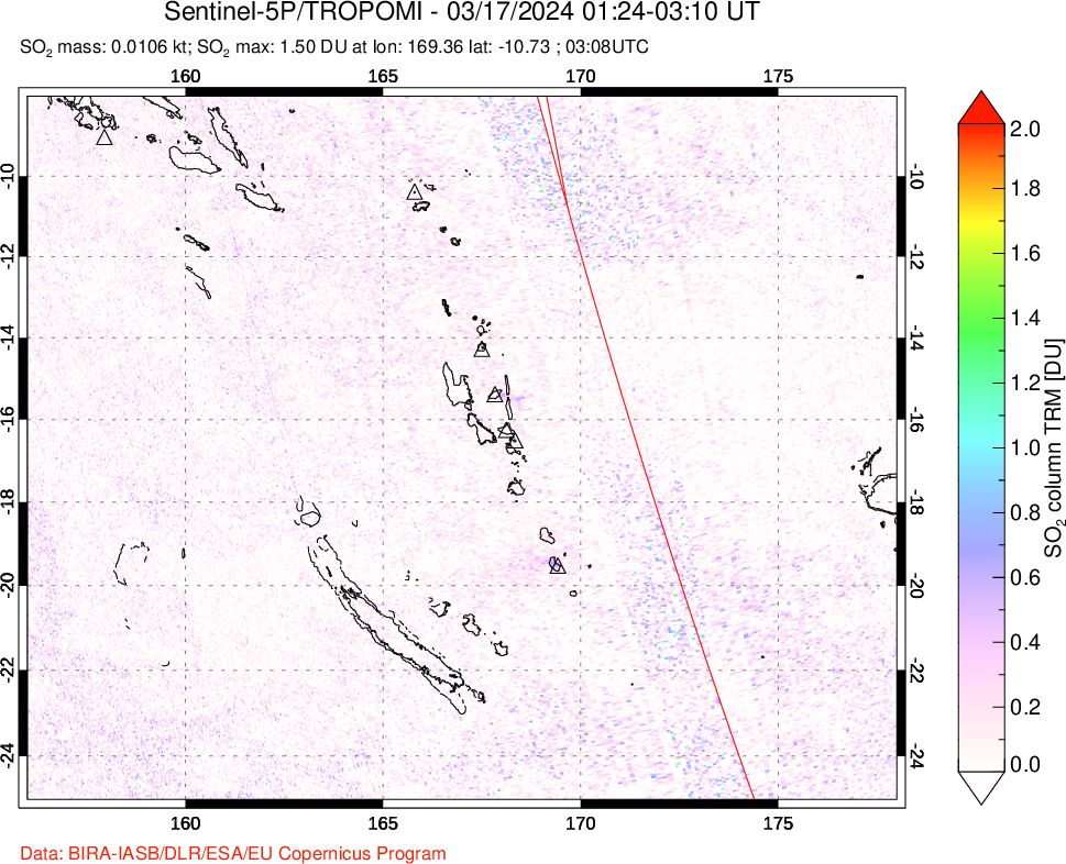 A sulfur dioxide image over Vanuatu, South Pacific on Mar 17, 2024.