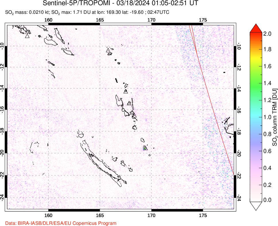 A sulfur dioxide image over Vanuatu, South Pacific on Mar 18, 2024.