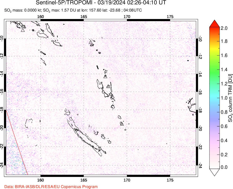 A sulfur dioxide image over Vanuatu, South Pacific on Mar 19, 2024.