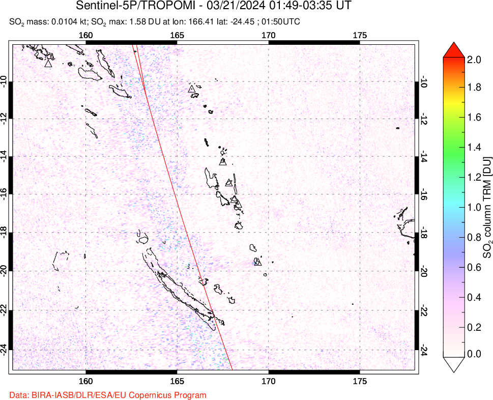 A sulfur dioxide image over Vanuatu, South Pacific on Mar 21, 2024.