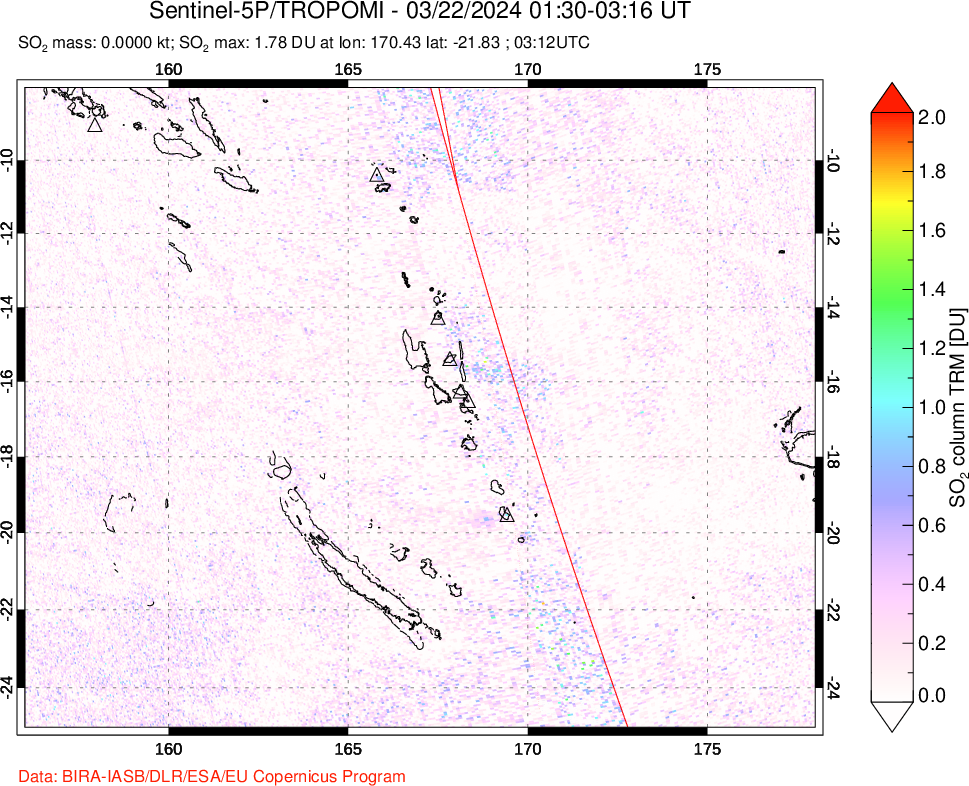 A sulfur dioxide image over Vanuatu, South Pacific on Mar 22, 2024.