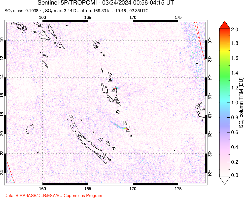 A sulfur dioxide image over Vanuatu, South Pacific on Mar 24, 2024.