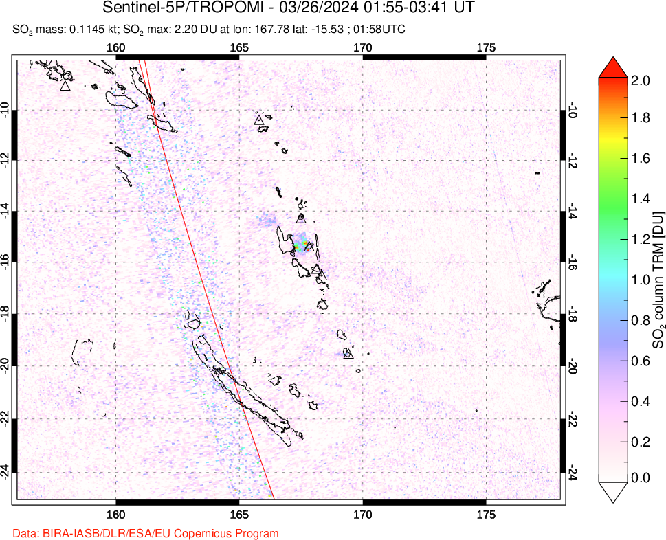 A sulfur dioxide image over Vanuatu, South Pacific on Mar 26, 2024.