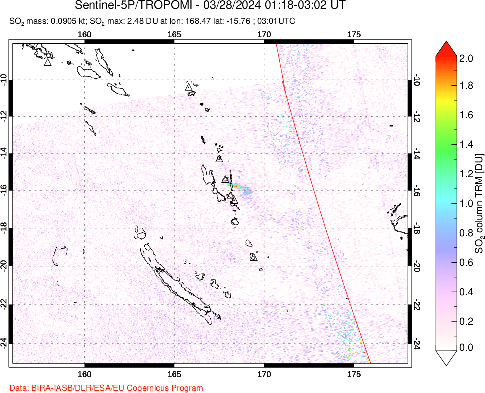 A sulfur dioxide image over Vanuatu, South Pacific on Mar 28, 2024.