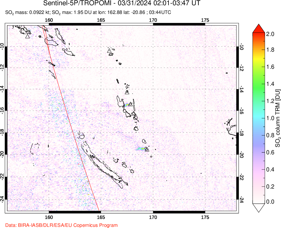 A sulfur dioxide image over Vanuatu, South Pacific on Mar 31, 2024.