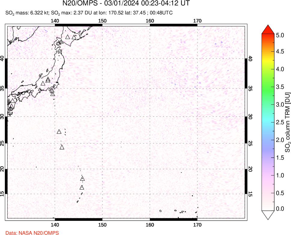 A sulfur dioxide image over Western Pacific on Mar 01, 2024.