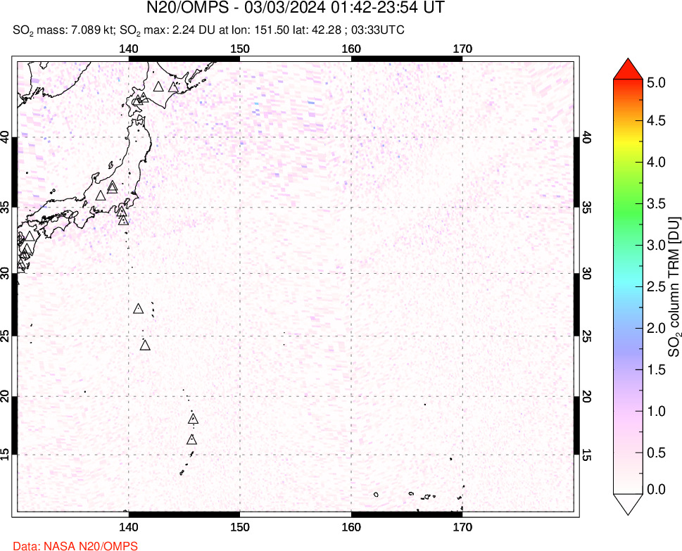 A sulfur dioxide image over Western Pacific on Mar 03, 2024.