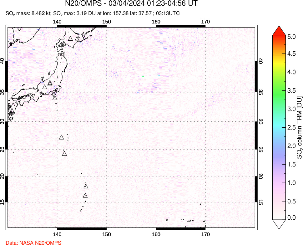 A sulfur dioxide image over Western Pacific on Mar 04, 2024.