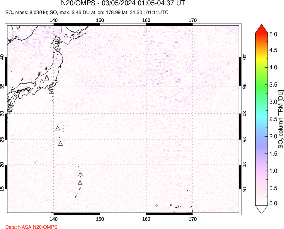 A sulfur dioxide image over Western Pacific on Mar 05, 2024.