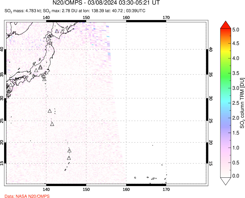 A sulfur dioxide image over Western Pacific on Mar 08, 2024.