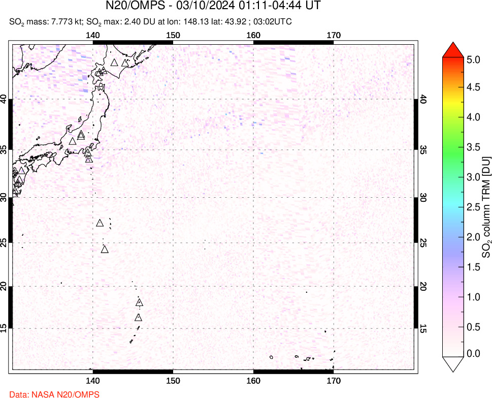 A sulfur dioxide image over Western Pacific on Mar 10, 2024.