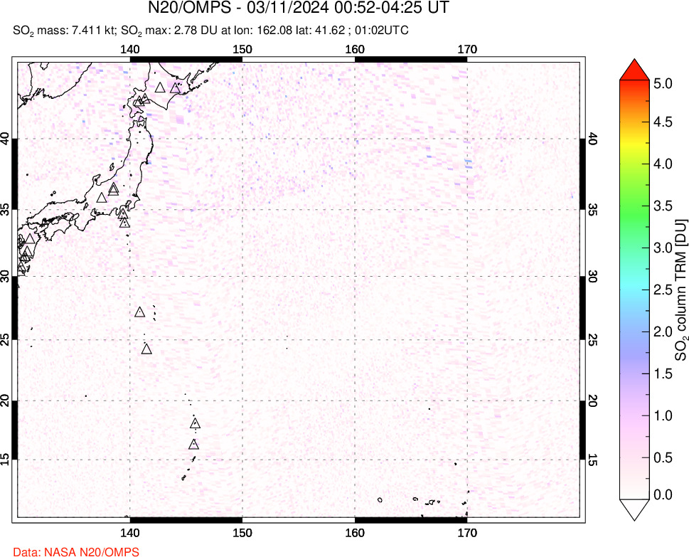 A sulfur dioxide image over Western Pacific on Mar 11, 2024.