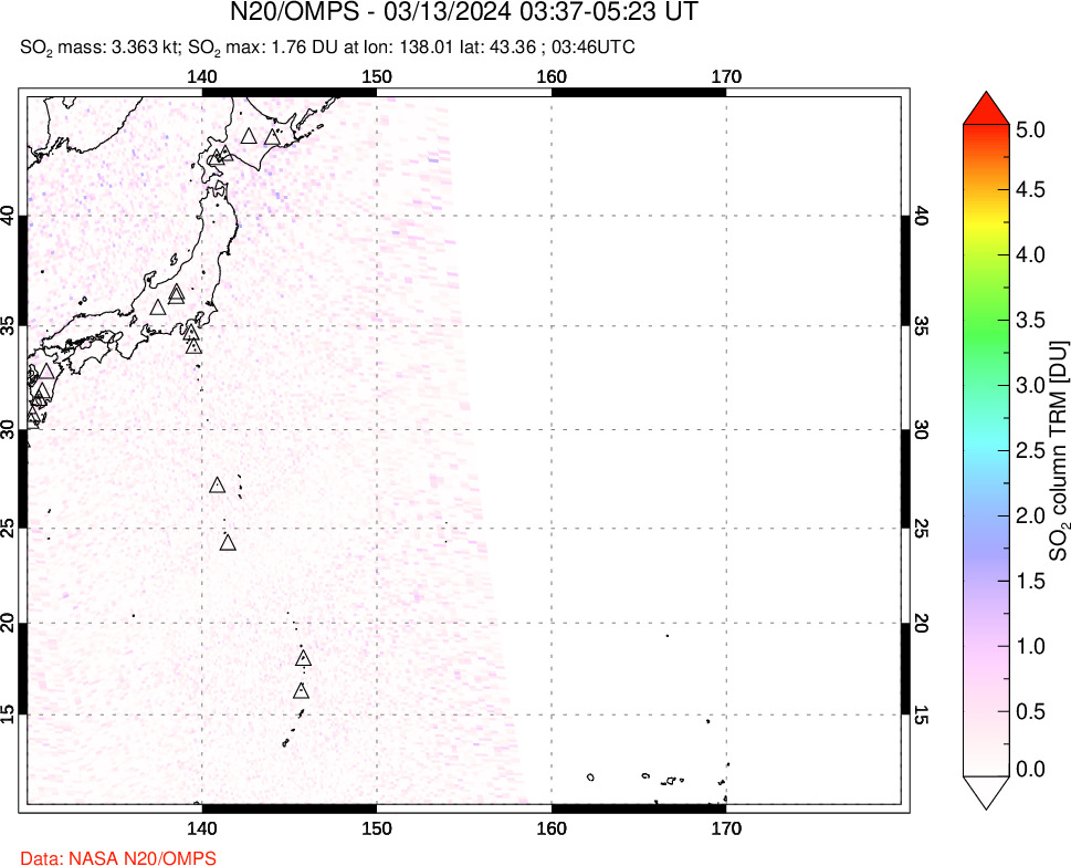 A sulfur dioxide image over Western Pacific on Mar 13, 2024.