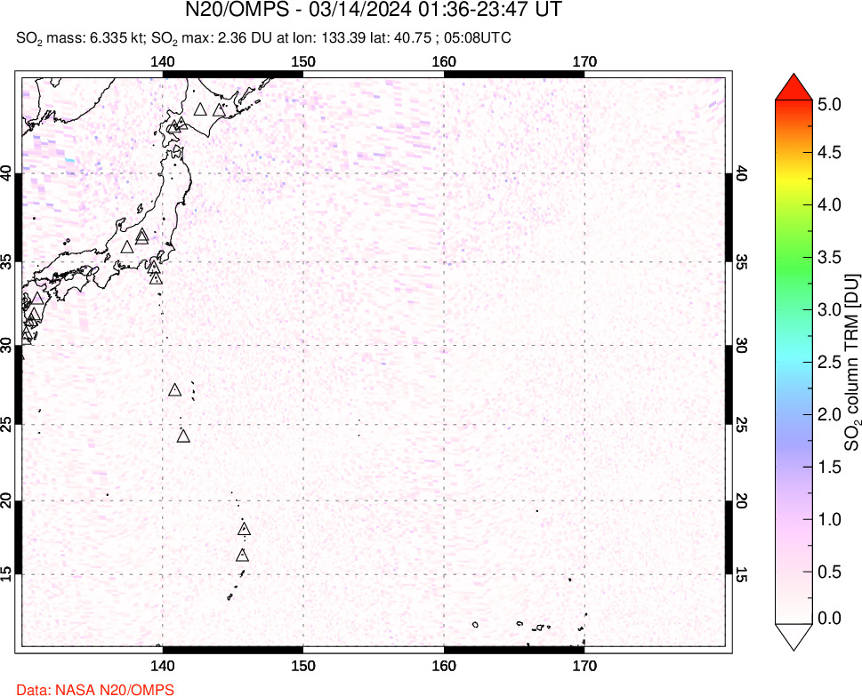 A sulfur dioxide image over Western Pacific on Mar 14, 2024.