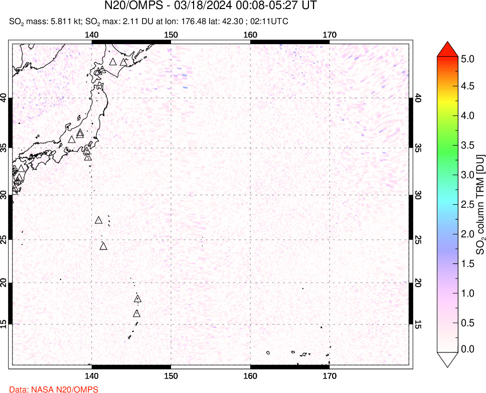 A sulfur dioxide image over Western Pacific on Mar 18, 2024.