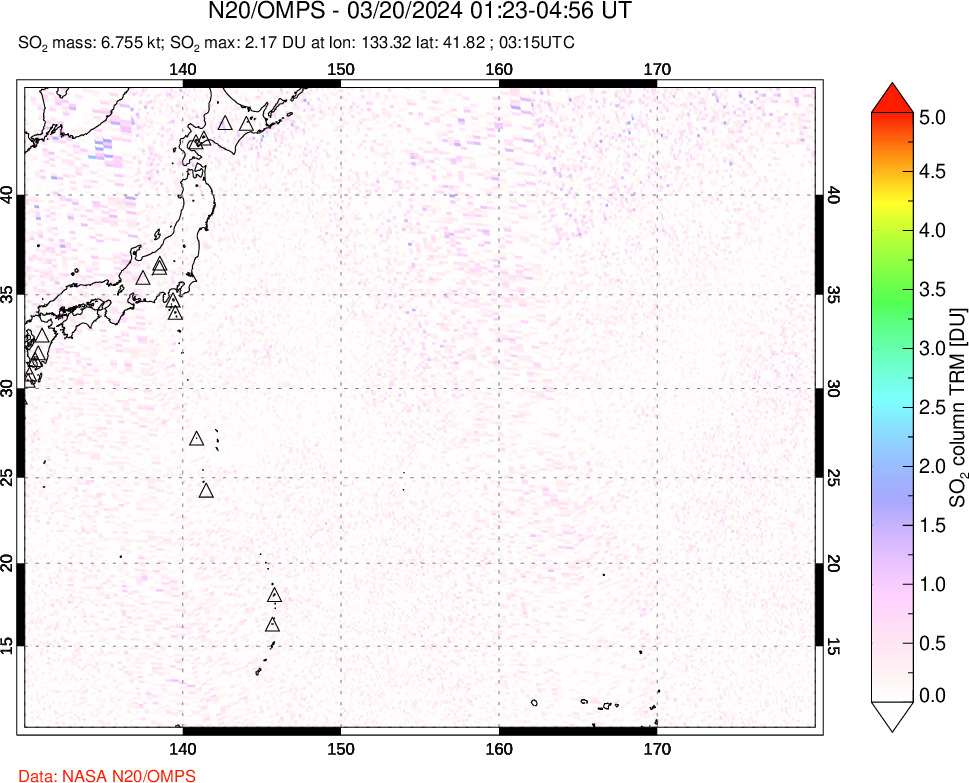 A sulfur dioxide image over Western Pacific on Mar 20, 2024.