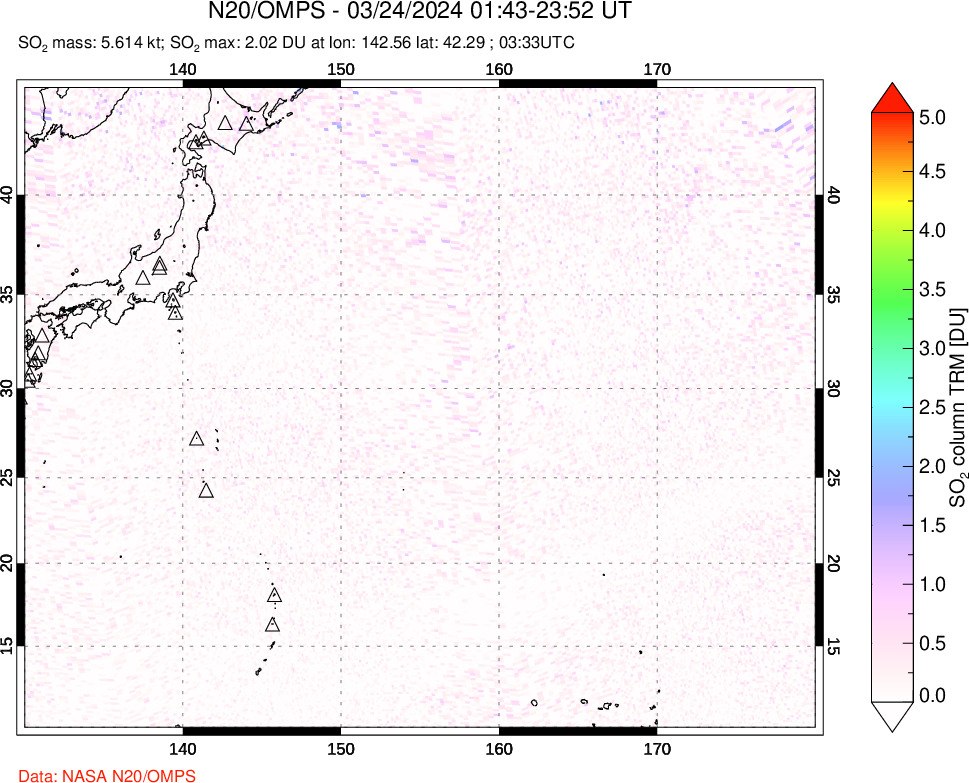 A sulfur dioxide image over Western Pacific on Mar 24, 2024.